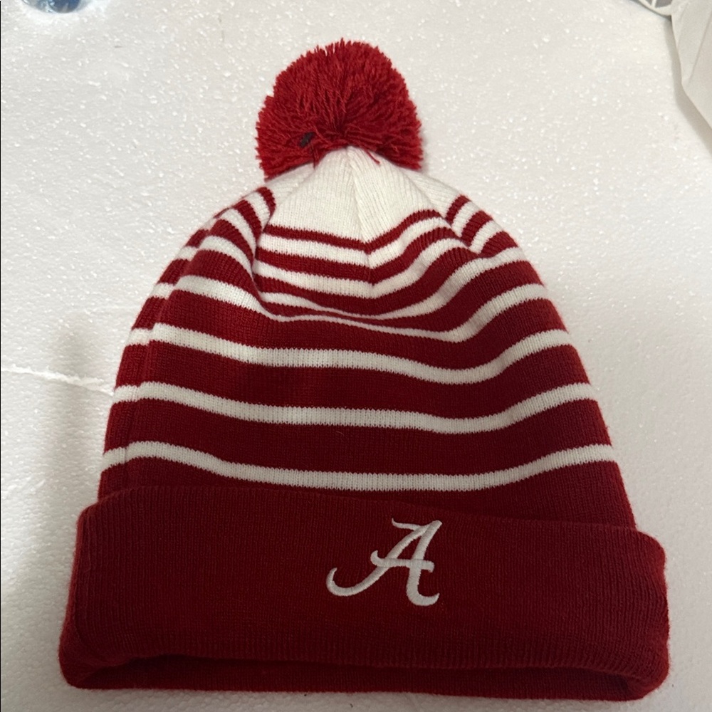 Red and White Striped U of Alabama Beanie with Pom